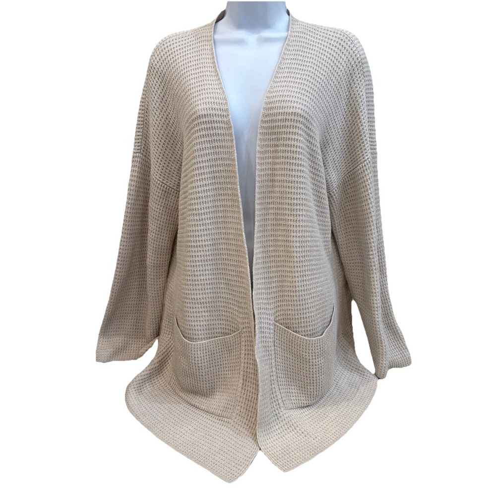Eileen Fisher Bone Long Open Duster Cardigan Sweater Sz M‎ Waffle Knit Beige